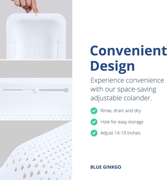 BLUE GINKGO Sink Colander Baskets - (Pack of 2) Wash Vegetables and Fruits, Drain Cooked Pasta and Dry Dishes - Extendable - New Home Kitchen Essentials (2 White)