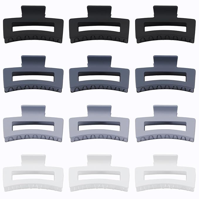 12 Pcs Medium Hair Clips for Women, 3.5 Inch Square Claw Clips, Colorful Hair Claw Clips for Thick and Thin Hair, Bulk Hair Accessories for Women and Girls- Grey