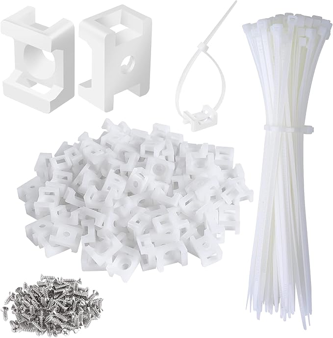 100 Pcs Cable Zip Tie Saddle Type Mounts Base with 8" Cable Ties Tapping Screw, Wire Cable Clips Organizer Holders Clamps White
