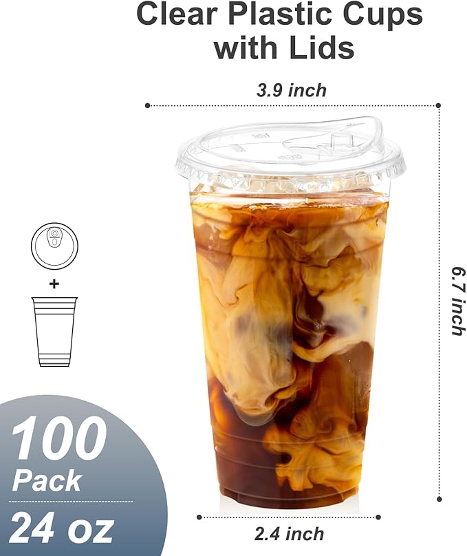 Dealusy 100 Pack - 24 oz Clear Plastic Cups with Lids, Sturdy & Food Safe Iced Coffee Cups with lids, Disposable Plastic Smoothie Cups for Cold Drinks, Sip Lids