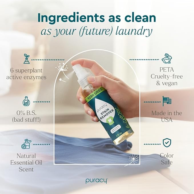 Puracy Stain Remover, Natural Travel and Laundry Stain Cleaner for Clothes, Baby Essentials, Kids Stains, Oil and Fabric Spot Cleaner, Unscented (Stain Remover Spray, 4 fl oz)