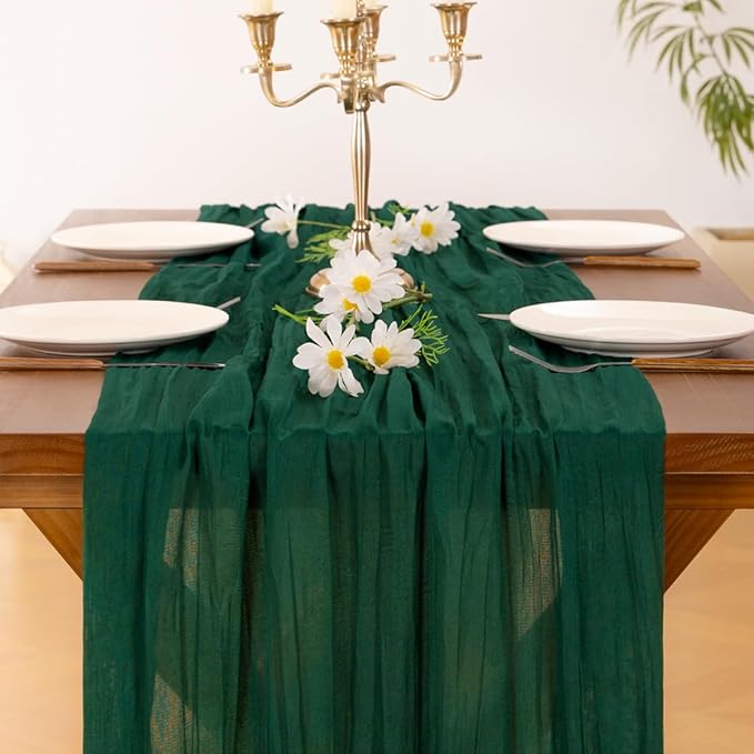 Socomi Emerald Green Cheesecloth Table Runner Summer Boho Rustic Gauze 120 inch 10FT Cheese Cloth Sheer Runner for Wedding Party Baby Shower Birthday Home Decor Holiday Decorations