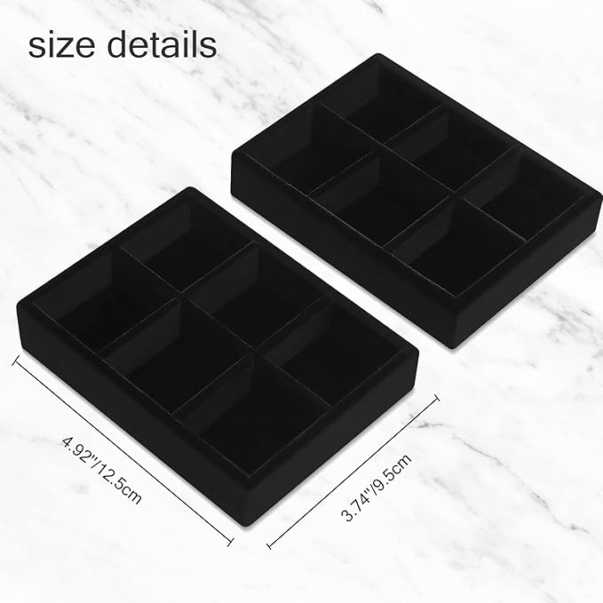 DesignSter Small Jewelry Tray-Ring Organizer 2PCS Premium Velvet Rings Earrings Display Tray Storage Insert Holder for Jewelry Box, Drawer, Dresser (6 Grids, Black)