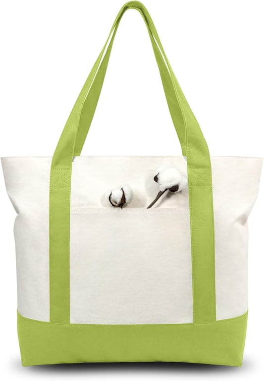 TOPDesign 3-Pack Canvas Tote Bags with an External Pocket, Reusable Grocery Shopping Bags, Top Zipper Closure, Daily Essentials (Light Green/Natural)