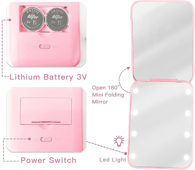 Personalized LED Pocket Mirror Pearl Letter 1X/2X Magnification Small Travel Makeup Mirror with Lights Pink Compact Mirror Portable Mirror Gifts Travel Essentials for Women Teen Girl (O)