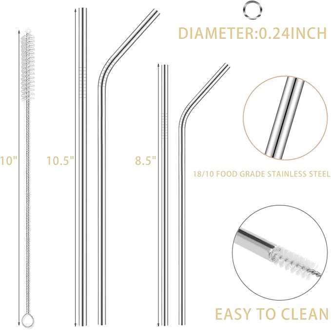 18-Pack Reusable Stainless Steel Metal Straws with Cleaning Brush - Long Metal Straws Drinking for 30 oz and 20 oz Tumbler Eco Friendly