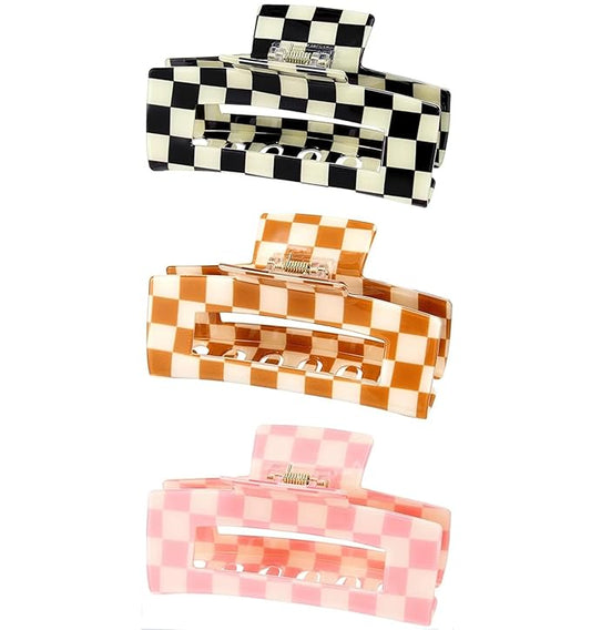 3 Pack Checkered Hair Claw Clips, Large Checker Hair Catch Barrettes 4inch Hair Clamps Cute Hair Claw Hair Clips Hair Accessories for Thick Thin Hair for Women Ladies