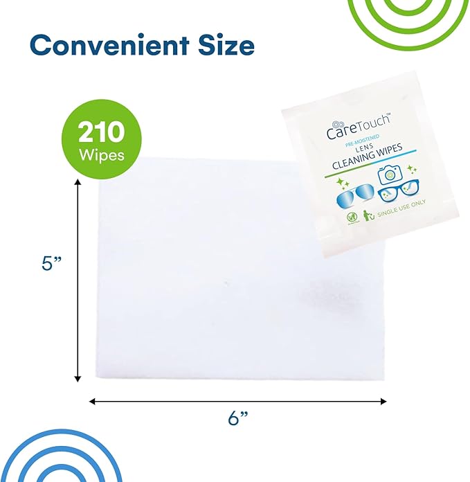 Care Touch Lens Wipes for Eyeglasses- 210 Count Individually Wrapped Pre- Moistened Wipes, 5 x 6 Inch- Camera Lens, Sunglasses and Glasses Cleaner,- Gentle and Portable for Cleaning of Optical Devices