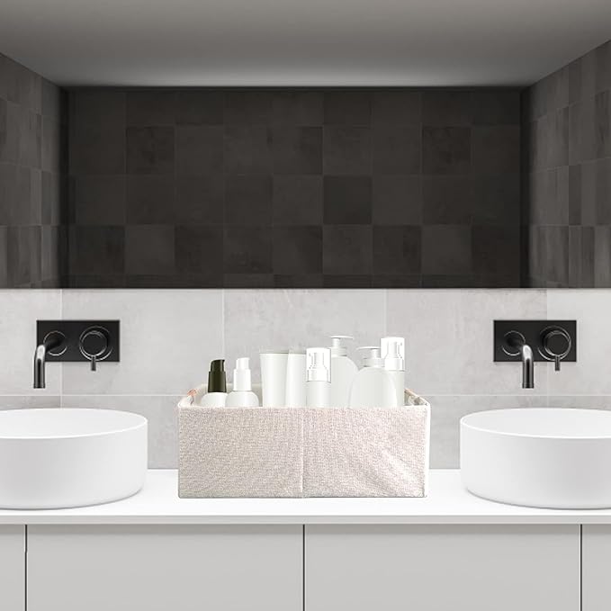 Fabric Storage Bin Box Foldable Cotton Linen Storage Basket with Wooden Handles Rectangular Cube Decorative Home Laundry Organizer Clothes Blanket Container – Beige, Medium