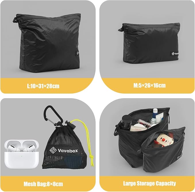 Vavabox Extremely Light Toiletry Bag for Women, Water-Resistant Zipper Pouch, Nylon Makeup Bag Travel essentials for Men Camping Gym (Black)