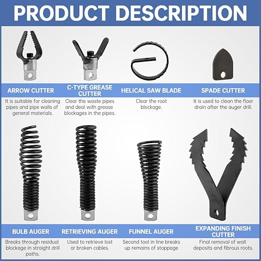 9pcs Drain Auger Drill Attachment, Cutter and Auger Set, Drain Cleaner Combination Cutter Heads for 5/16”-3/4" Cables, Compatible with 50FT-100FT Drain-Cleaning Machines for Sink/Shower/Toilet Clogs