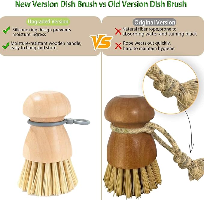 Dish Brush with Hanging Loop — Durable PBT Bristles Brush, Non-Slip Grip Dish Brush, Compact Bamboo Dish Brush, for All Cookware, Stovetops & Sinks • Kitchen Essential (2pcs/Set)