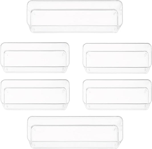 primebox Six Pcs. Plastic Clear Drawer Organizers. Stackable Storage Trays for Kitchen Utensils and Silverware. 2 Sizes. Stackable