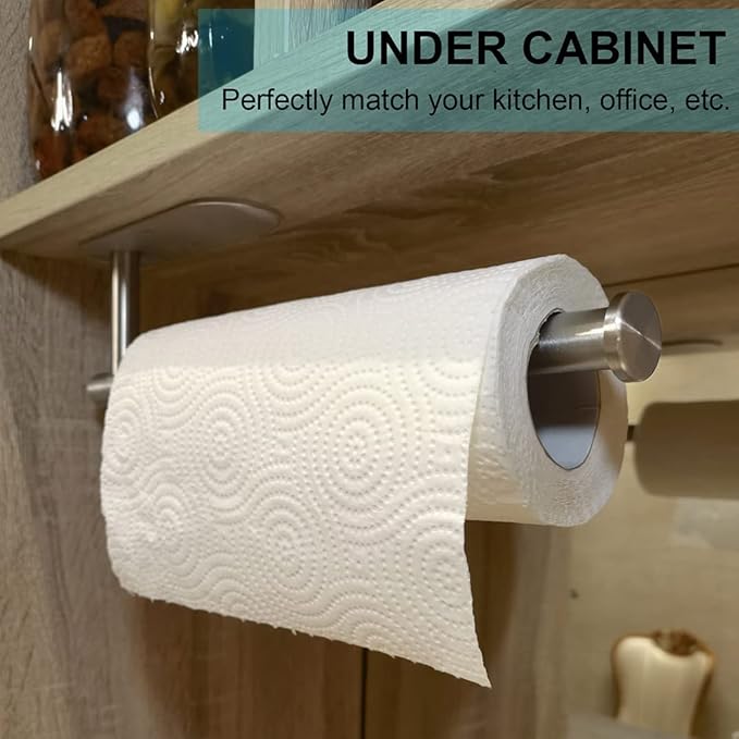 CUXIXA Paper Towel Holder Under Cabinet 2 Pack,Stainless Steel Paper Towel Holder Wall Mount for Kitchen, Bathroom, RV, Paper Towel Rack with Self Adhesive and Screws (Silver)