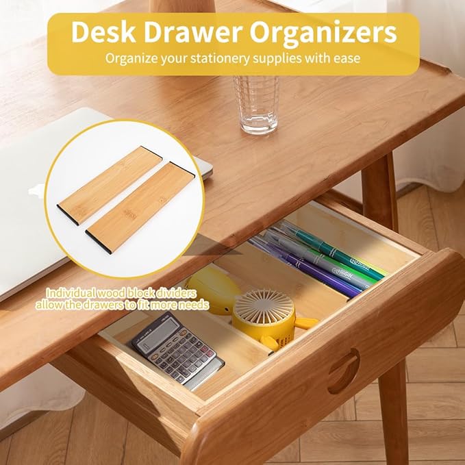 5PCS Bamboo Drawer Organizer with Adjustable Wood 2 Drawer Dividers, Stackable Makeup Desk Junk Storage Boxes Container Trays with 7 Grid for Kitchen Utensils,Bathroom, Office