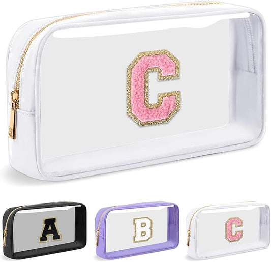 Personalized Initial Letter Clear Makeup Bag, Preppy Small Nylon & PVC Cosmetic Zipper Bag with Chenille Letter, Travel Skincare Toiletry Bag, Monogram Christmas Gift for Teen Girls Women, C