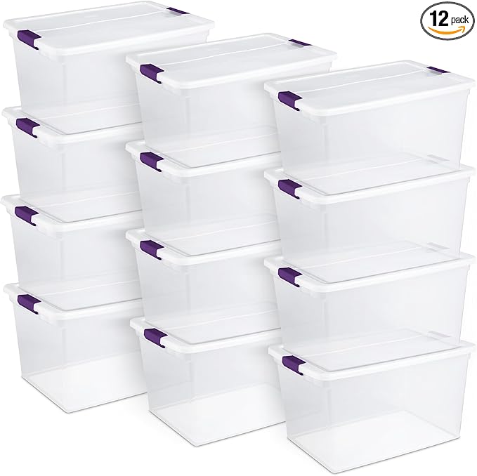 Sterilite 12개 팩 ClearView 래치 박스, 가정용 적층형 수납 정리함, 66쿼트
