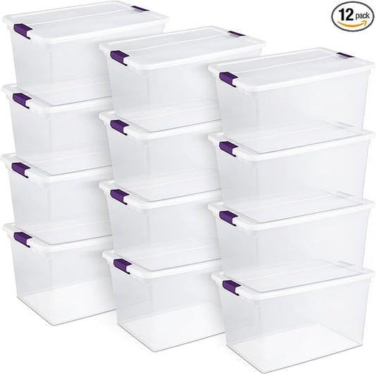 Sterilite 12개 팩 ClearView 래치 박스, 가정용 적층형 수납 정리함, 66쿼트