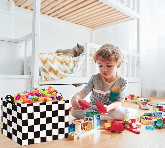 HIYAGON Rectangular Storage Bin Collapse Canvas Fabric Cartoon Storage Basket with Handles for Organizing Home Kitchen(Check)