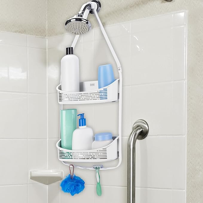 BLACK+DECKER 2-Way Convertible Hanging Anti-Swing Shower Caddy, 2 Way Adjustable Arm, Over The Door, Loofah & Razor Hooks, Storage & Organization, Large and Small Bottles and More, White