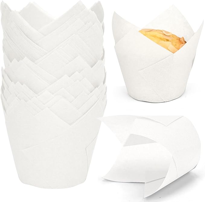 100pcs Extra Large Size Tulip Cupcake Liners for Baking Cups, Food Grade White Parchment Paper Large Muffin Liners Holders, Greaseproof Cup cake Wrappers for Party, Christmas by Neyimqr (White)