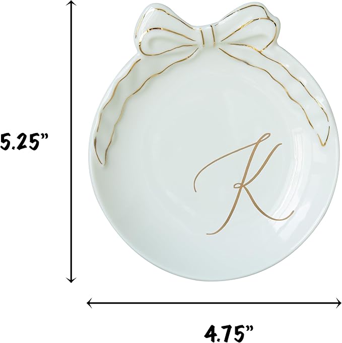 COLLECTIVE HOME - Personalized Initial Ceramic Jewelry Tray with Bow, Christmas Gift Ideas for Women, Small Gift for Girlfriend Wife, Ring Holder, Earrings Dish, Birthday Gift for Her (K)