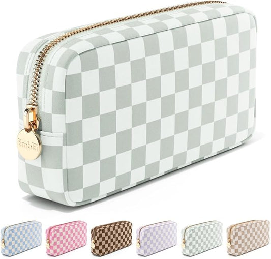 Embla Makeup Bag Travel Cosmetics Pouch and Toiletry Bag, Nylon Zipper Pouch Purse, Cute Make Up Organizer Storage Tote for Women Girls,Travel Skincare Case, Small Makeup Case, Mint Green Checkered
