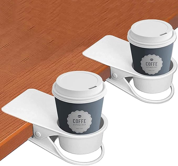 2PCS Drinking Cup Holder Clip, Kalolary Desk Bottle Cup Stand DIY Glass Clamp Storage Saucer Clip Water Coffee Mug Holder Saucer Clip Design for Home & Office, White