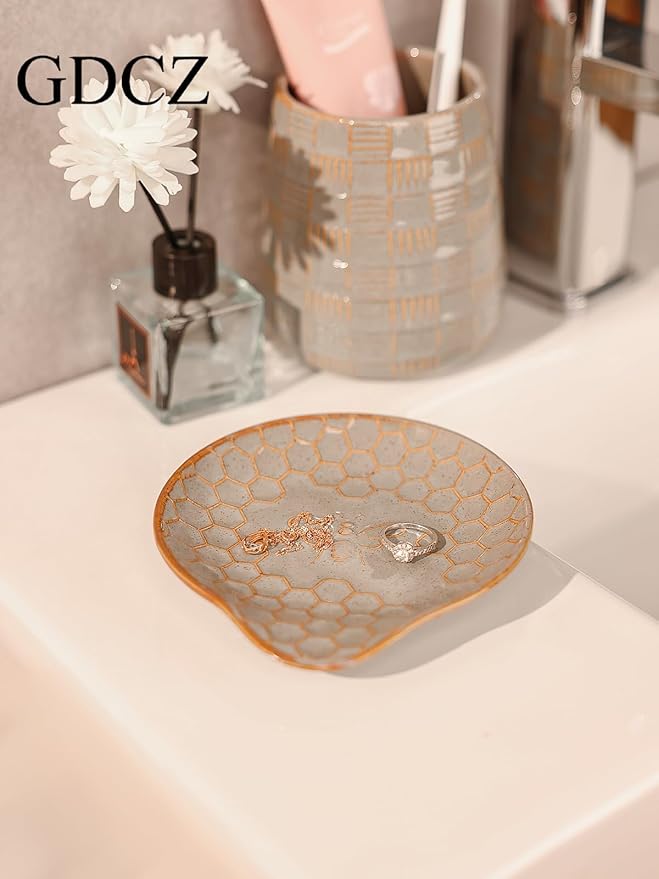 GDCZ Ceramic Jewelry Tray, 5.3" Decorative Dish, Personalized Jewelry Trays with Pattern, Gifts for Friends, Sisters and Women, Set of 2 (Grey)