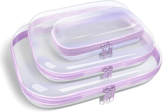 Clear Hard Plastic Zipper Case, Transparent Double Zippers Hard Pouch with 3 Pieces, Portable Travel Organizer Bin for Toy Storage