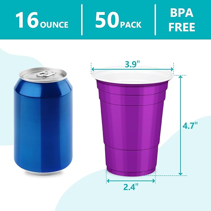 LANLISA 50 Purple Plastic Cups, 16 oz Disposable Cups, Drinking Cups For Birthday Party, Graduation, Mothers Day, Halloween