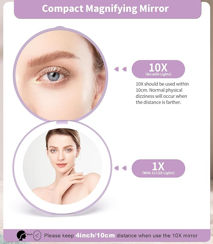 WOBSION Travel Compact Mirror,Portable 1x/10x LED Makeup Mirror with Magnification,Handheld 2-Sided Pocket Mirror, 3.5in Small Mirror for Purse,Handbag,Gift,Purple