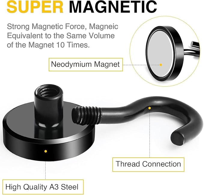 DIYMAG Magnetic Hooks, 85 LB Black Heavy Duty Strong Magnet with Hook, Rare Earth Neodymium Magnets for Hanging, Magnetic Hanger for Curtain, Home, Kitchen, Workplace, 12 Packs