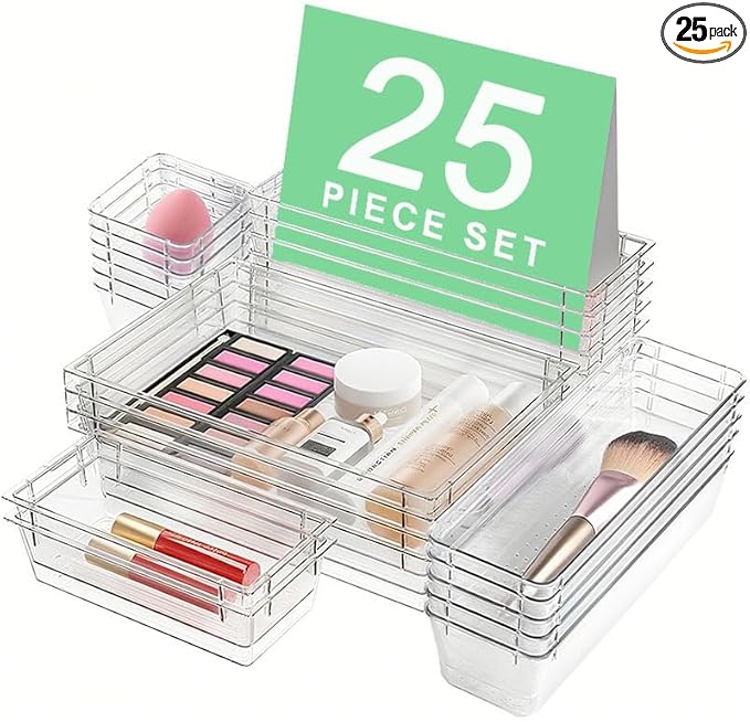 25 PCS Transparent Plastic Drawer Organizer Set, 4 Sizes of Multifunctional Desktop Drawer Organizer, Suitable for Cosmetics Jewelry As Well As small Tools in Bedrooms Bathrooms Kitchens and Offices