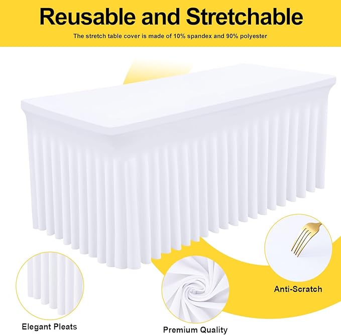 Smiry Spandex Tablecloth, Elastic Fitted Stretch Tablecloth for 6FT Rectangle Tables, Waterproof Washable Table Cover Skirt for Outdoor, Wedding, Banquet & Parties (White, 72Lx36Wx30H Inch)