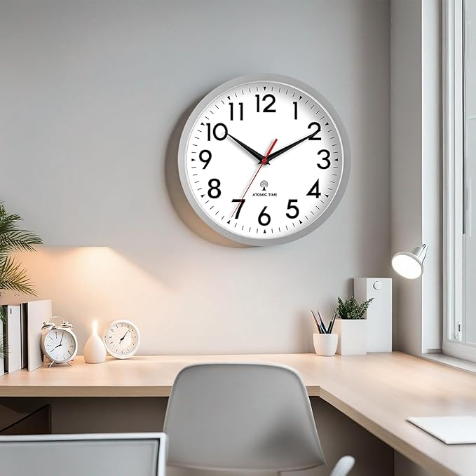 Atomic Wall Clock Analog 14 Inch Battery Operated Modern Decorative for Living Room Kitchen Office Bedroom Bathroom (Silver)