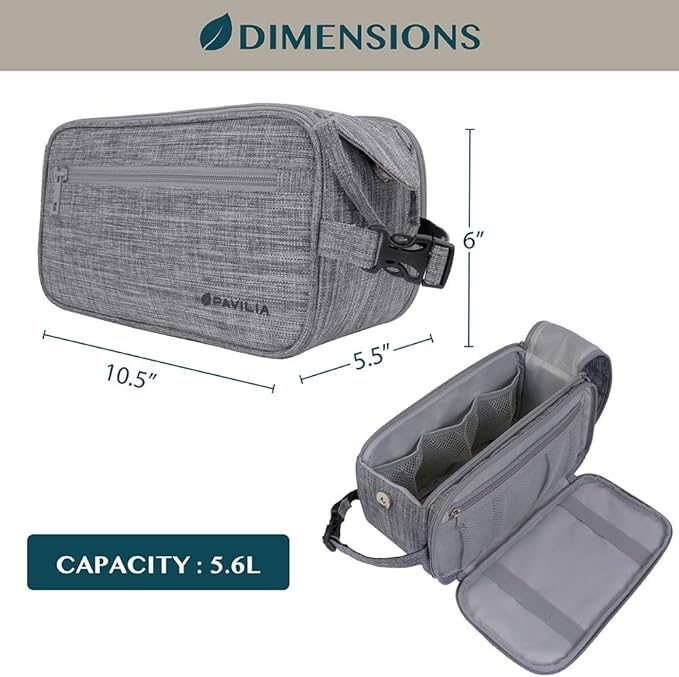 PAVILIA Toiletry Bag for Men, Travel Essentials Shaving Dopp Kit, Men's Travel Bag Toiletries Organizer Case for Grooming, PU Leather Water Resistant Cosmetic Bag Pouch (Heather Grey)