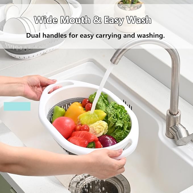 2-Pack Collapsible Silicone Colander Strainer, Foldable Kitchen Sink Basket for Washing Vegetables & Pasta, Space Saving & Dishwasher Safe, Kitchen Essentials