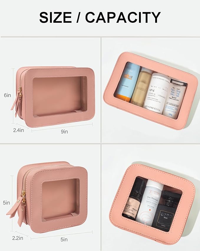 2 Pcs Travel Clear Makeup Bag Set, Clear Makeup Organizer with Zipper Leather Travel Bags for Toiletries Small Cosmetic Bags for Women Mini Make up Pouch Toiletry Bags Car Essentials