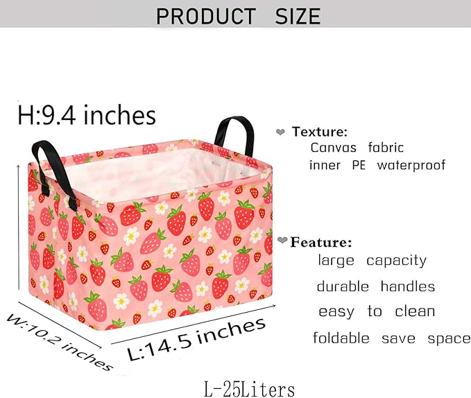 KUNRO Rectang Storage Basket Gift Shelf Basket Storage Bin, Nursery Basket Organizer Box for With Handles for Room Deco (Strawberry)