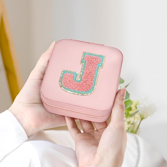 SANDJEST Personalized Jewelry Box, Pink Travel Jewelry Box with Initial J, Small Monogrammed Jewelry Case Organizer for Girls Women Teen Kids, Mini Travel Essentials Gifts for Birthday Christmas