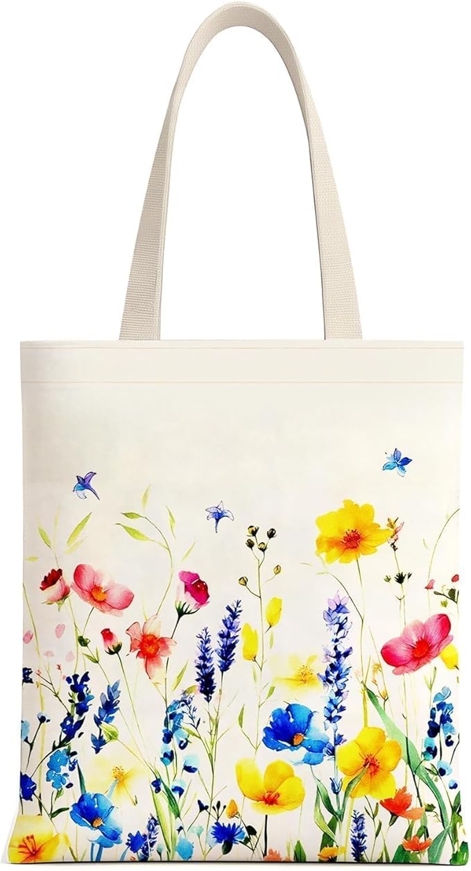1 Pack Reusable Canvas Cute Shoulder Bag,Made of 10 oz Canvas Tote Bag for Women,for Grocery, Shopping, Beach and Daily Use(Flower)