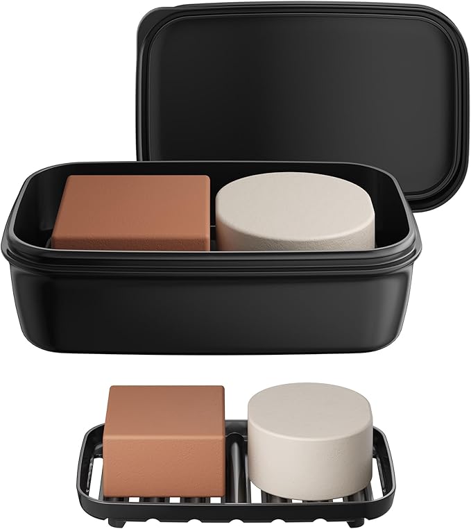 Quatish Leakproof Large Soap Dish with Lid & Draining Layer, Shatterproof Travel Bar Soap Holder Case Container, Portable Travel Size Toiletries Essentials for Camping, Gym, Bathroom, Black