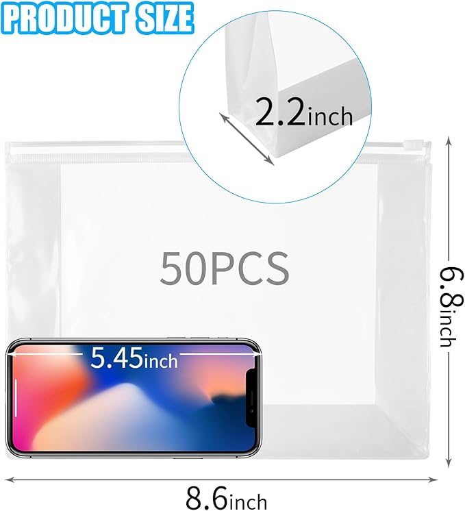 50 PCS Mini Clear Makeup Bag, Small Clear Zipper Pouch Travel Bag for Toiletries Plastic Cosmetic Organizer Waterproof, for Swimsuit Bikini Travel Vacation (8.6 x 6.8 x 2.2 Inch)
