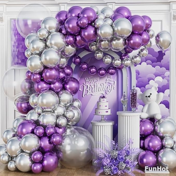 Metallic Purple Silver Balloon Garland Arch Kit,Chrome Purple and Silver Metallic Balloons with 18/12/5 Inch Different Sizes for Graduation Baby Shower Birthday Party Decorations