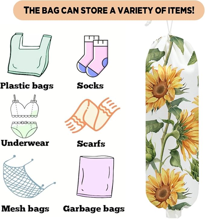 2 Pcs Sunflower Plastic Bag Holder for Kitchen Essentials, Wall Mount Grocery Bag Holder for Plastic Bags, Flower Washable Grocery Bags Storage Dispenser for Home Kitchen Pantry Decor, 22.5x9 Inch