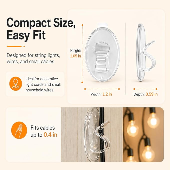 Hooks Lights Clips Outdoor String - 3X Stronger Adhesion 20Pcs Clear Heavy Duty Hangers Waterproof Adhesive - Sticky Removable 0 Residue No Drill Indoor Garage - for Patio Fence Gutters Wall Christmas