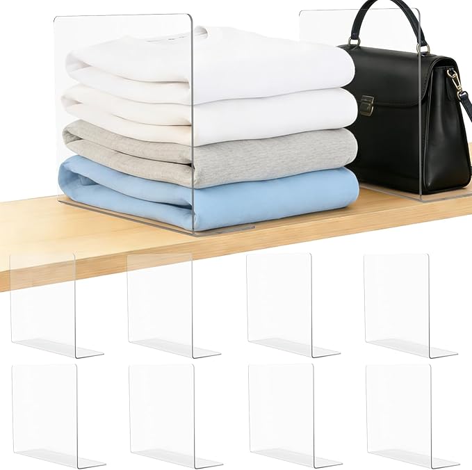 Shelf Dividers for Closet Organization: 12" Tall x 10" Deep Acrylic Closet Shelf Dividers for Clothes Sweater Purse - Free Standing Clear Separators for Shelves