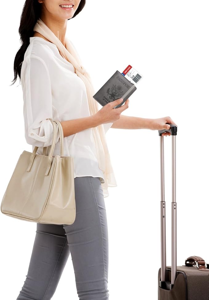 WALNEW Passport Holder for Travel, RFID Passport Cover Wallet for Women Men, PU Leather Passport Book Card Holder Case with Pen, Travelling Essentials for Flying