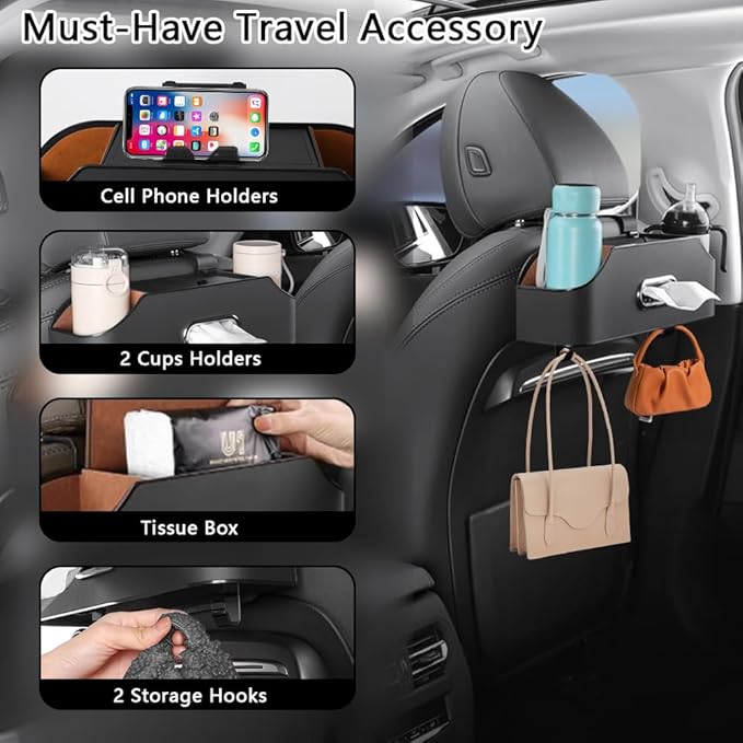 Abnaok Back Seat Car Organizer, 4-in-1 Multifunctional Car Back Seat Storage Box with Drink Cup Holder and Tissue Box, for Holding Phone, Snacks, Drinks, and Handbag